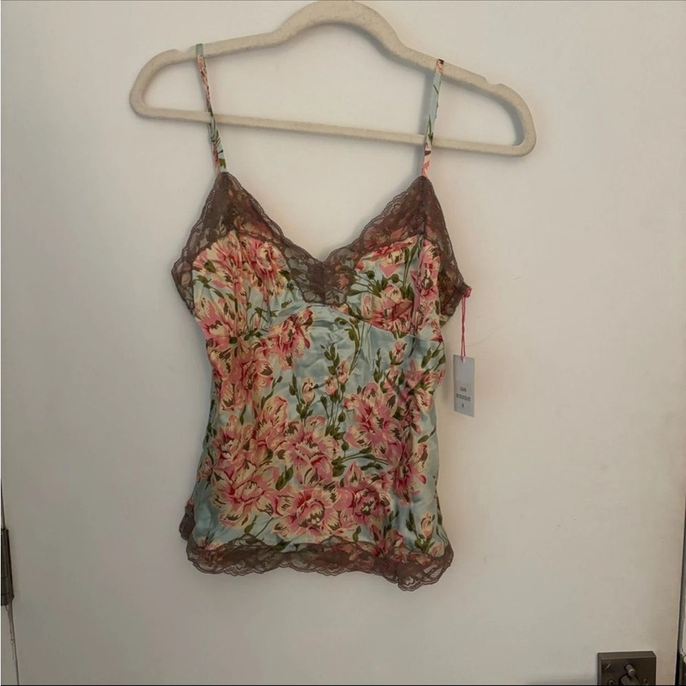 Gold Hawk 100% silk top floral print, Tiffany frappe lace sleeveless Cami M - Picture 4 of 7
